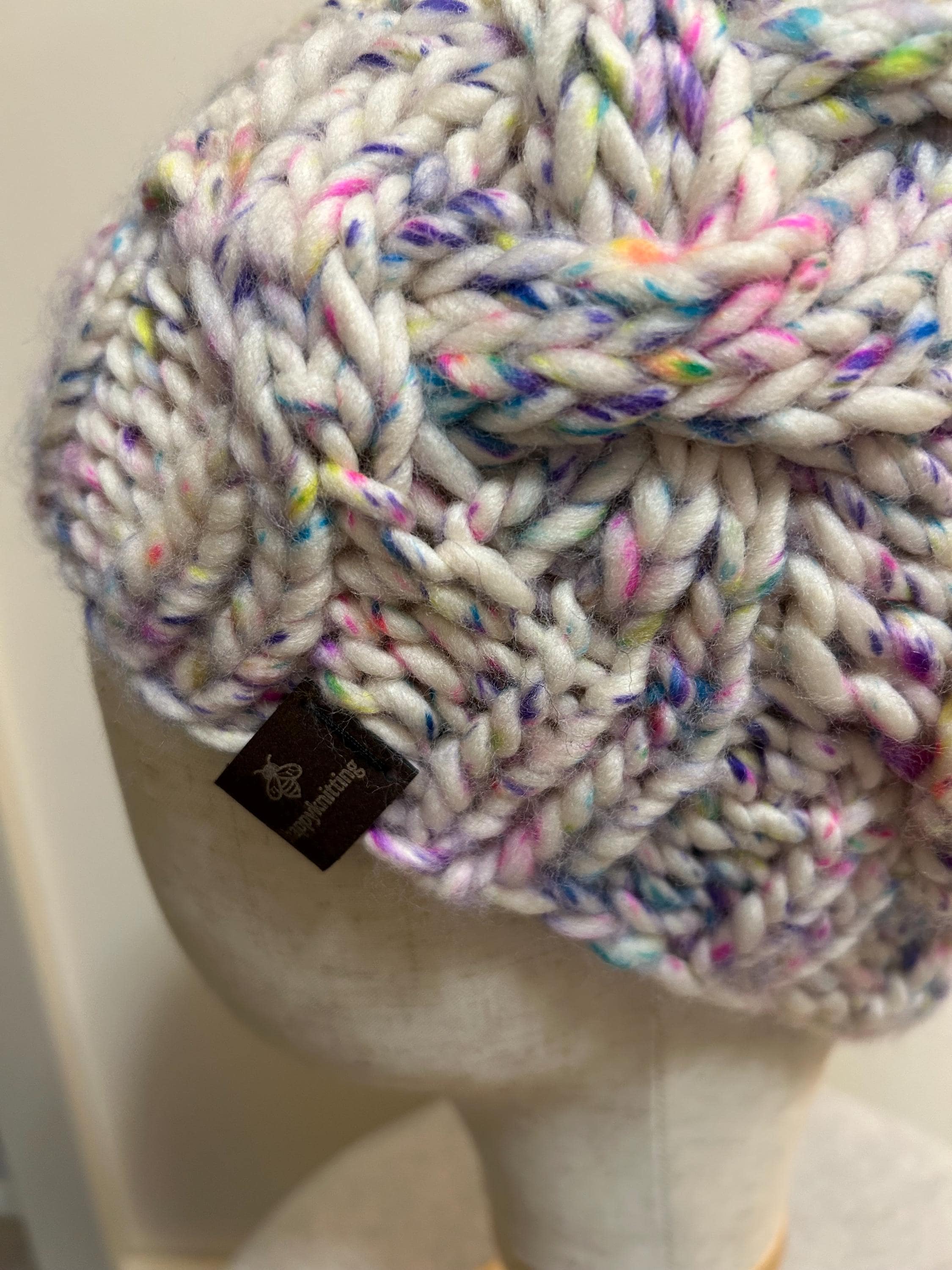 Handmade Merino Wool Knit Beanie: white blue cable with Faux Fur Pompom, purple pompom