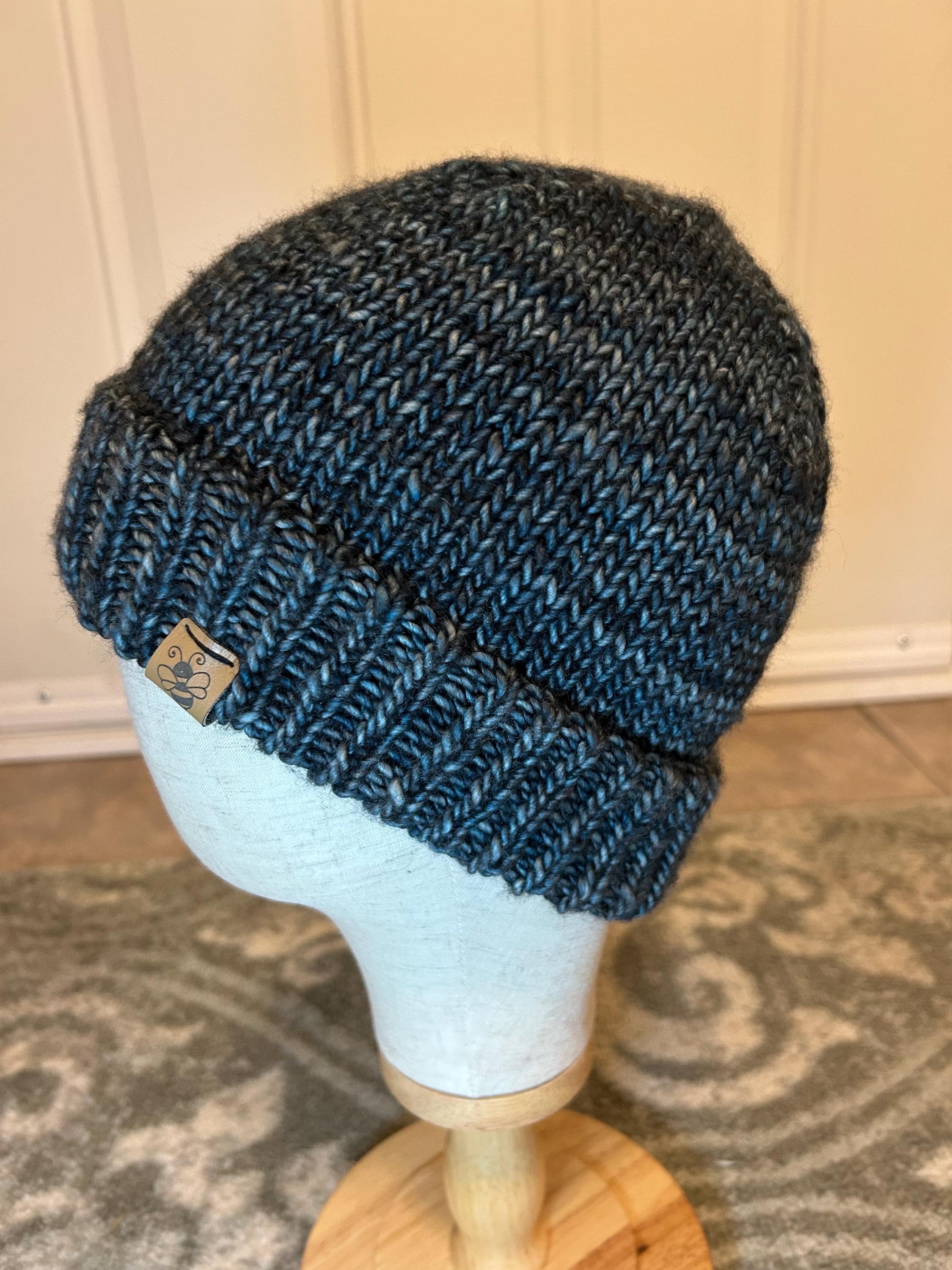 Hand Knit Blue Merino Wool Beanie, Double Brim, unisex