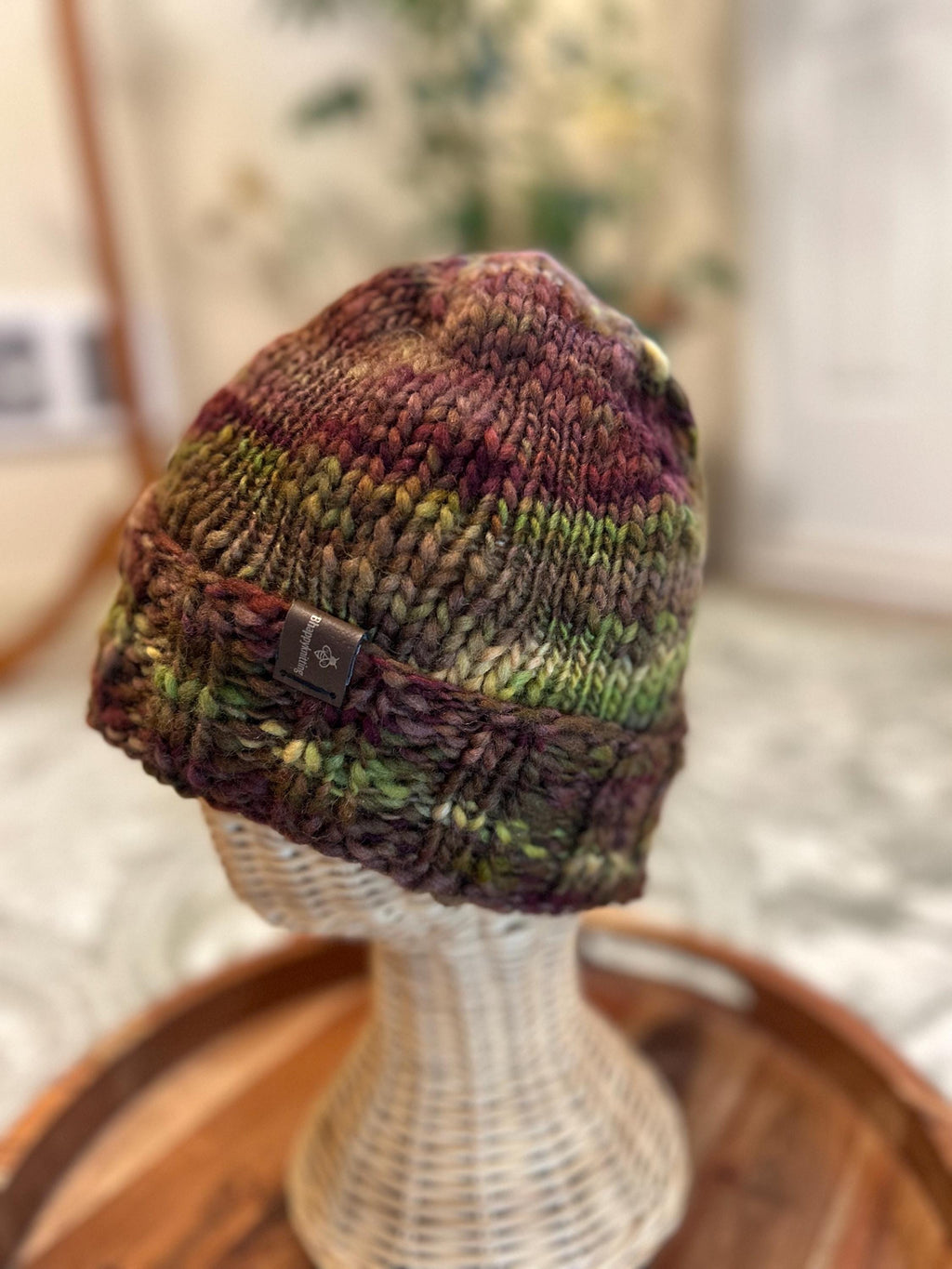 Hand Knit Merino Wool Beanie: Unisex Brown & Green Winter Hat