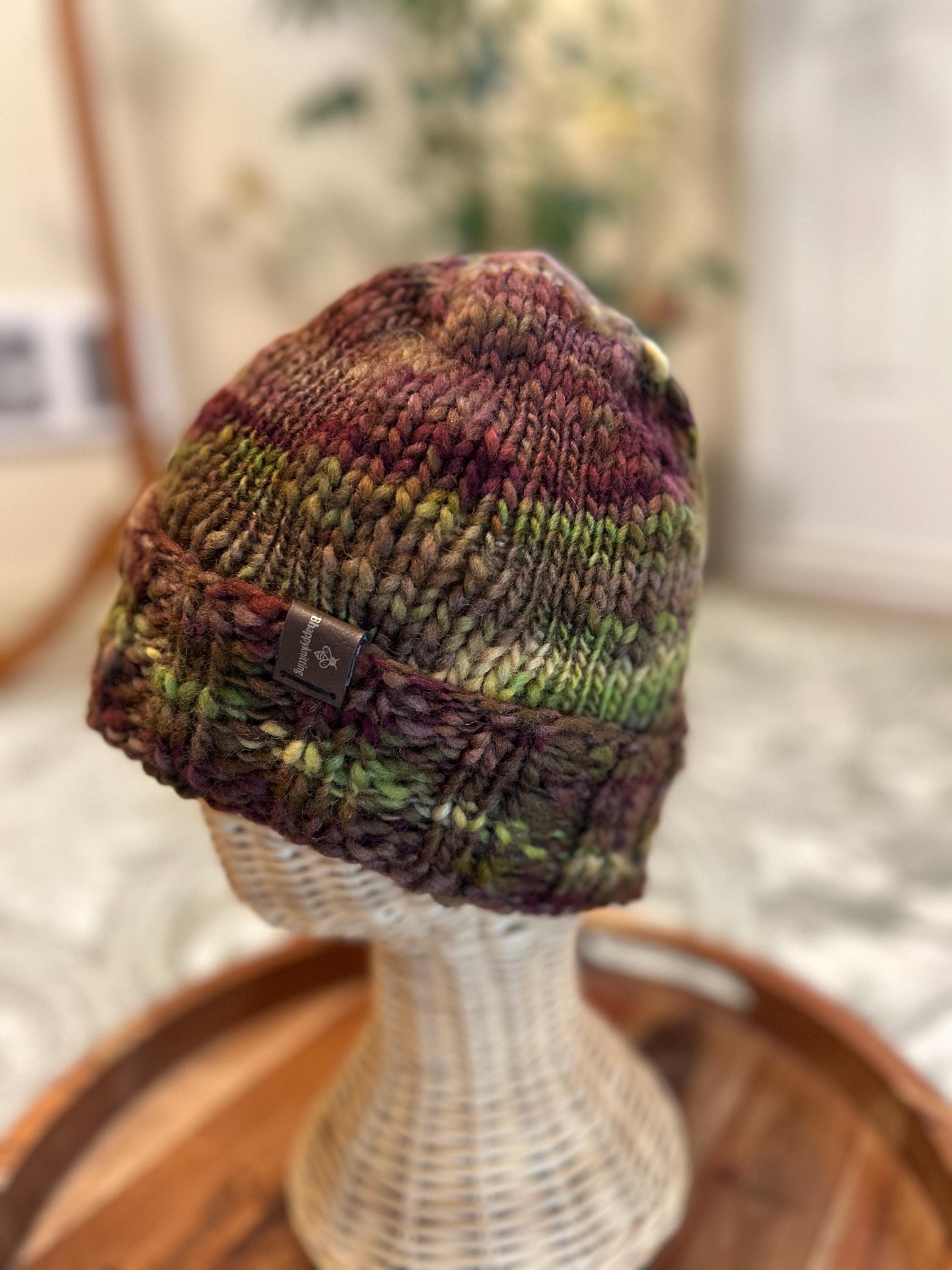 Hand Knit Merino Wool Beanie: Unisex Brown & Green Winter Hat