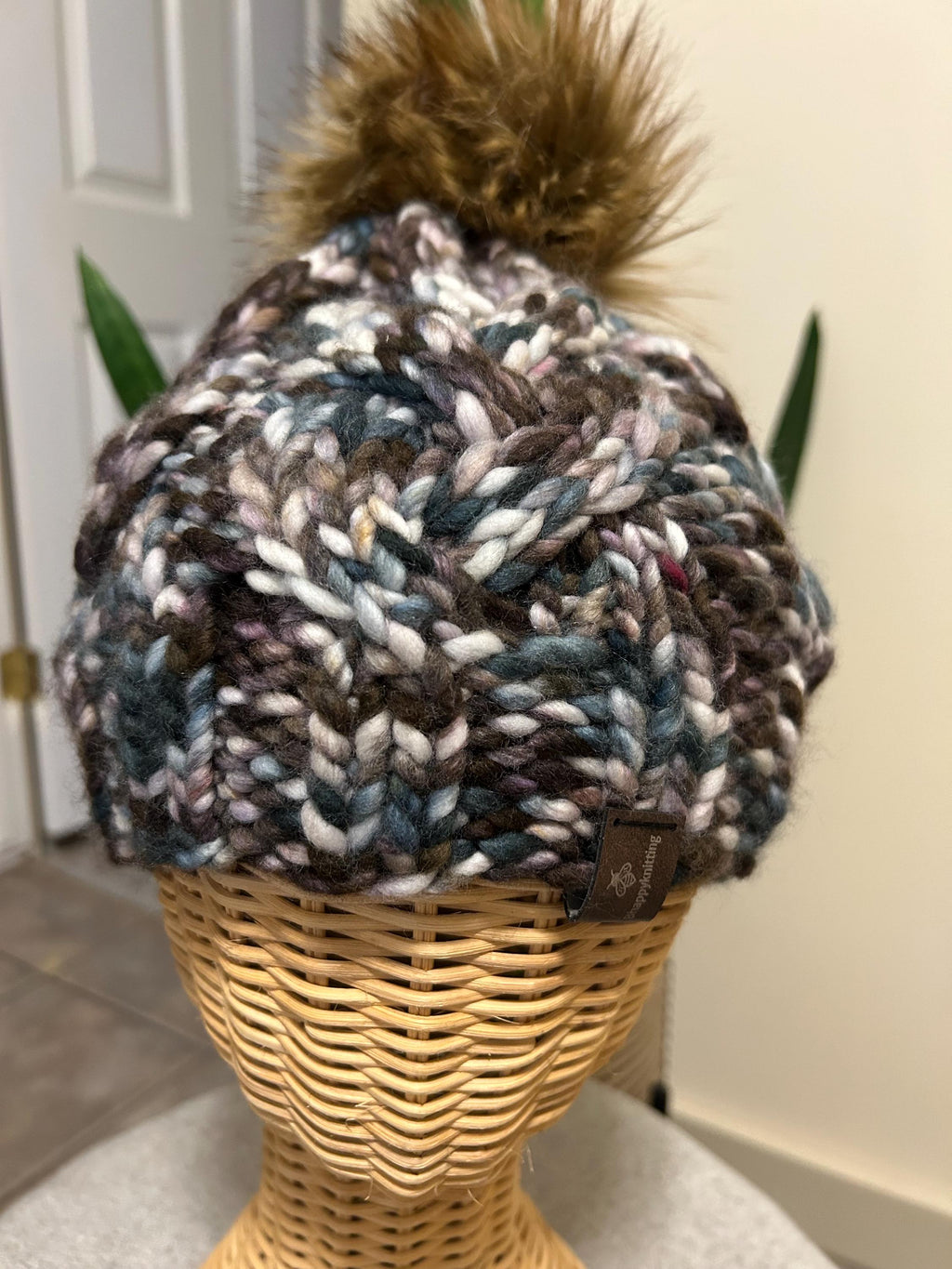 Handmade Merino Wool Knit Beanie: brown multi colour cable knit with Faux Fur Pompom