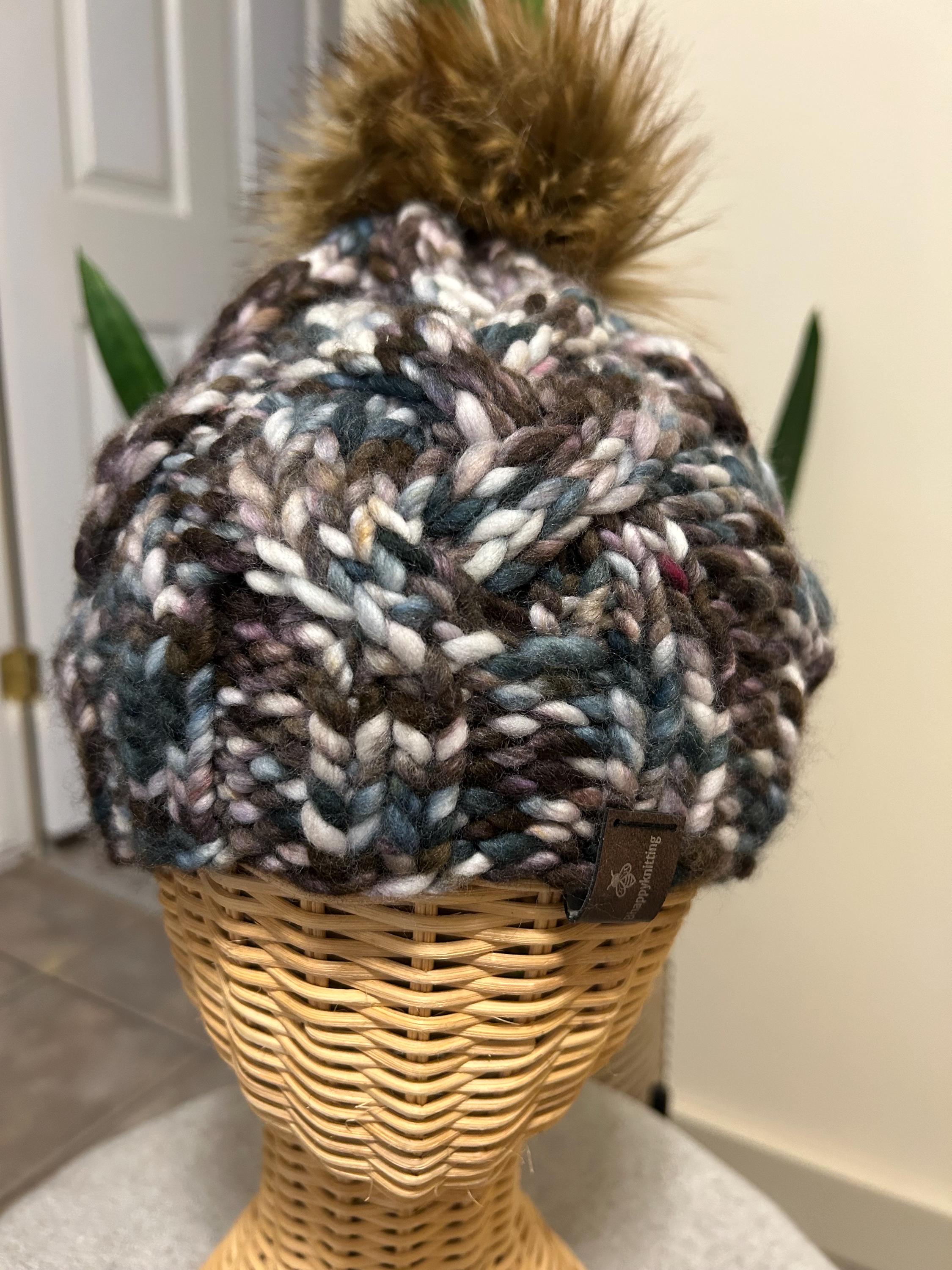 Handmade Merino Wool Knit Beanie: brown multi colour cable knit with Faux Fur Pompom