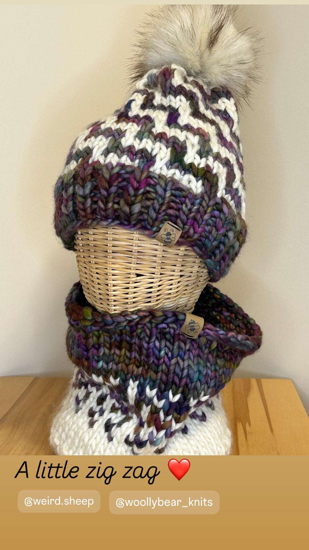 Hand Knit Merino Wool Beanie and cowl set: Removable Faux Fur Pompom
