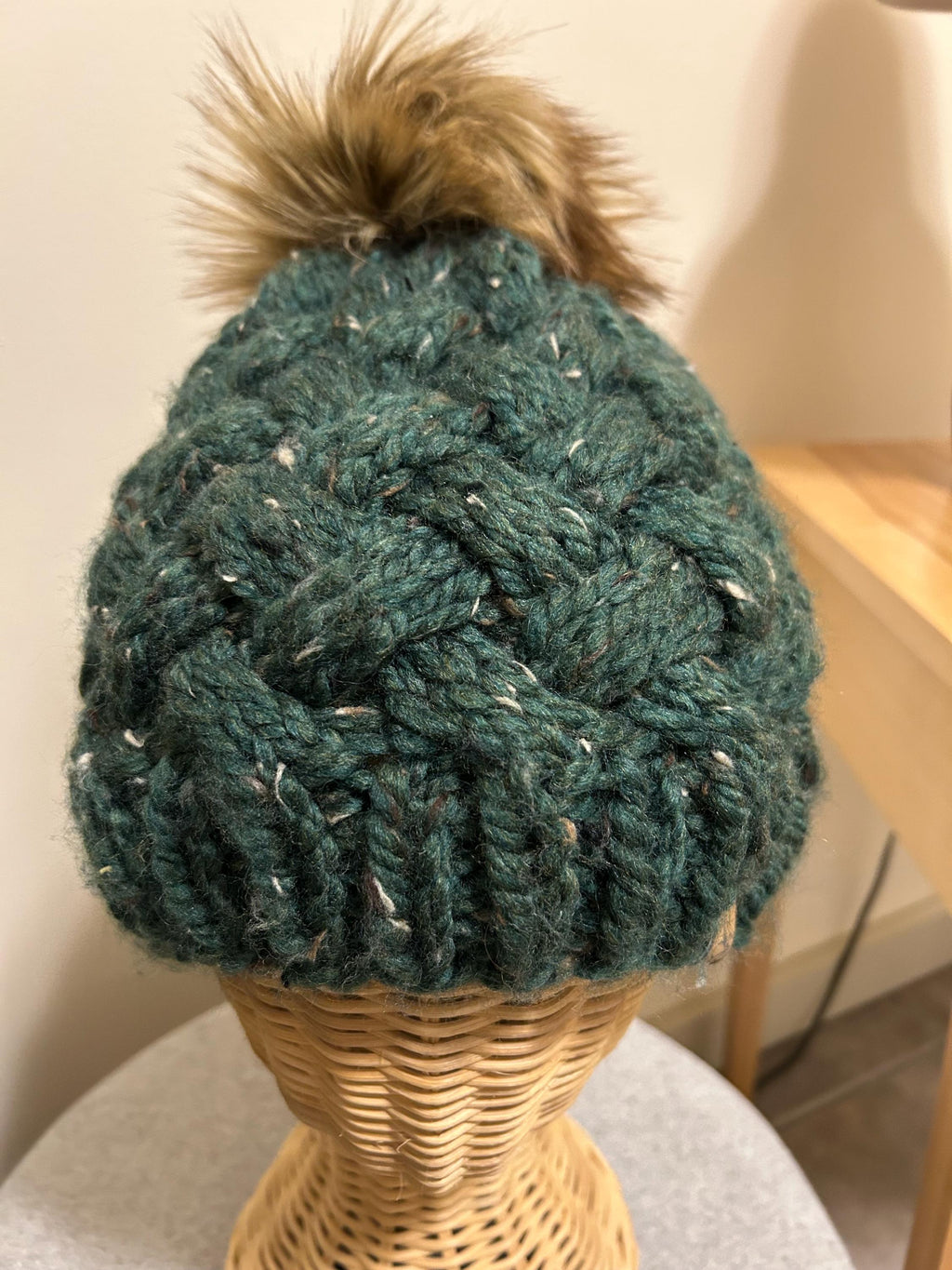 Handmade Merino Wool Knit Beanie: Green cable with Faux Fur Pompom