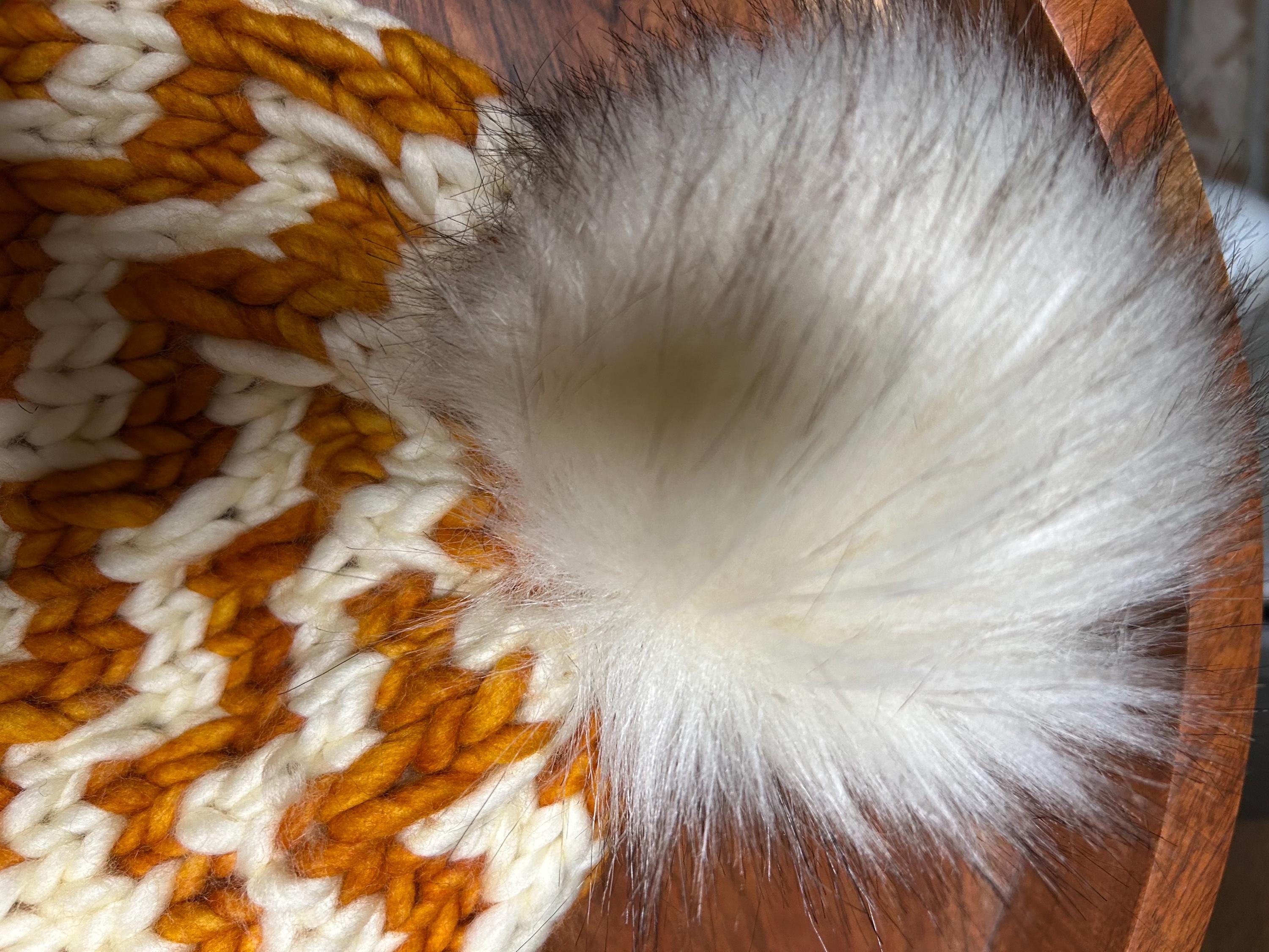 Handmade Merino Wool Knit Beanie: orange colour cable knit with Faux Fur Pompom