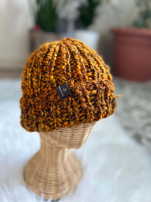 Handknit Chunky Wool Beanie Orange Brim Bulky Toque