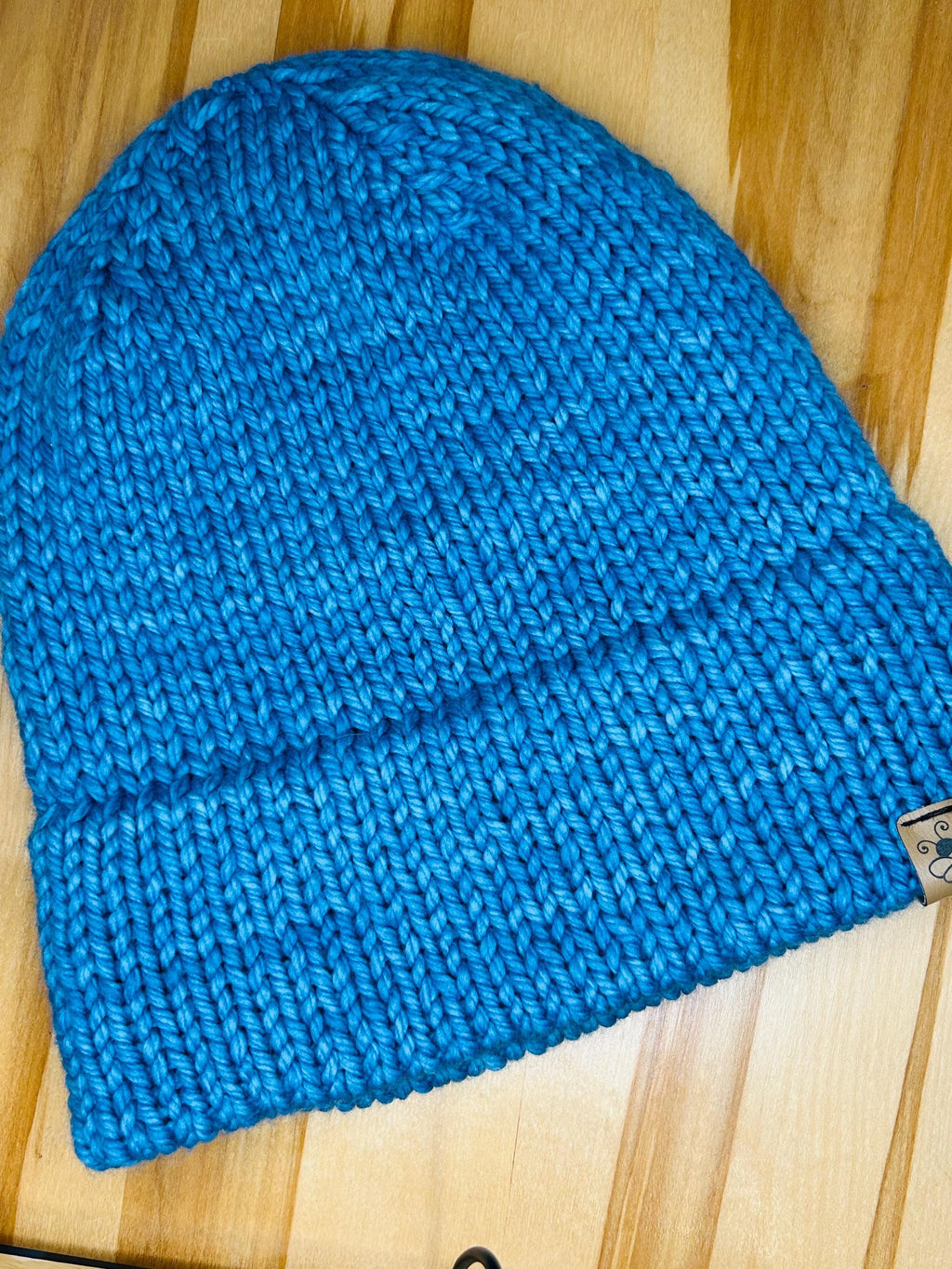 Hand Knit Teal Blue Merino Wool Beanie: Double Brim, High Top