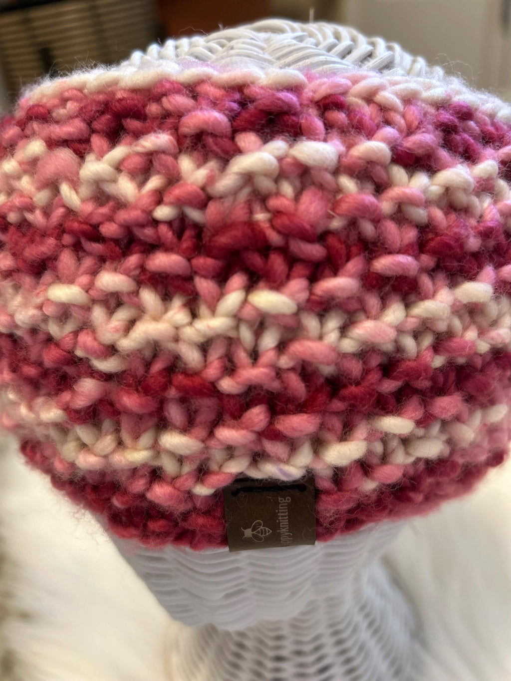 Handmade Knit Wool Ear Warmer Headband - Pink & White, valentines gift