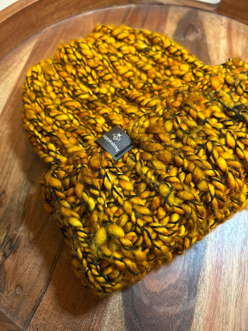 Handknit Chunky Wool Beanie Orange Brim Bulky Toque