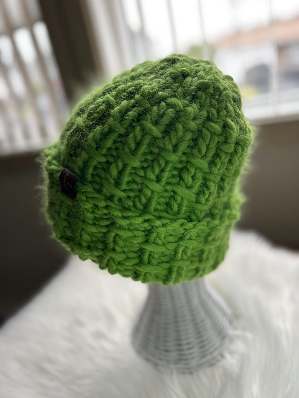 Handmade Green Wool Beanie: Chunky Knit Folded Brim, Made in Canada, bulky toque