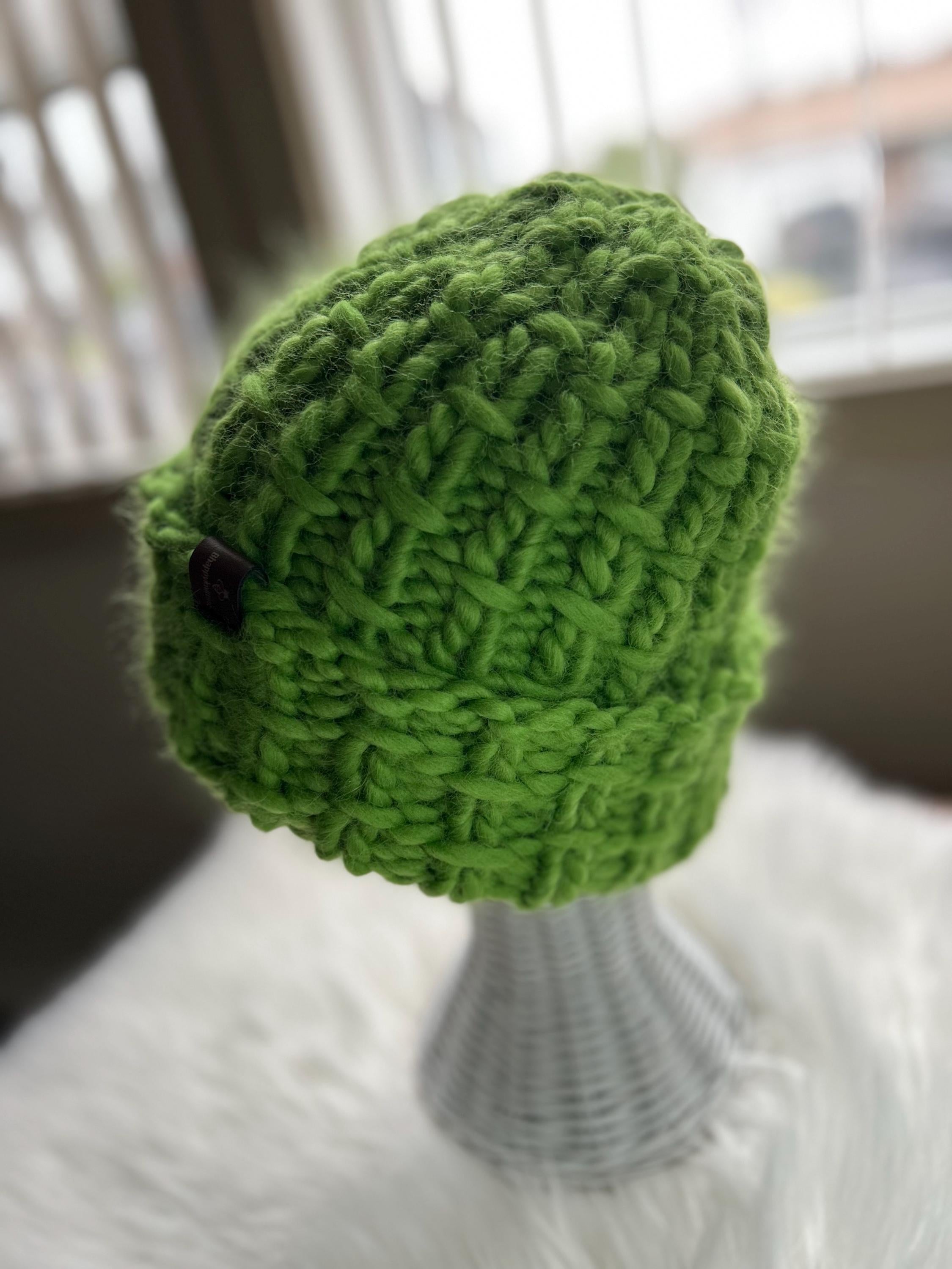 Handmade Green Wool Beanie: Chunky Knit Folded Brim, Made in Canada, bulky toque