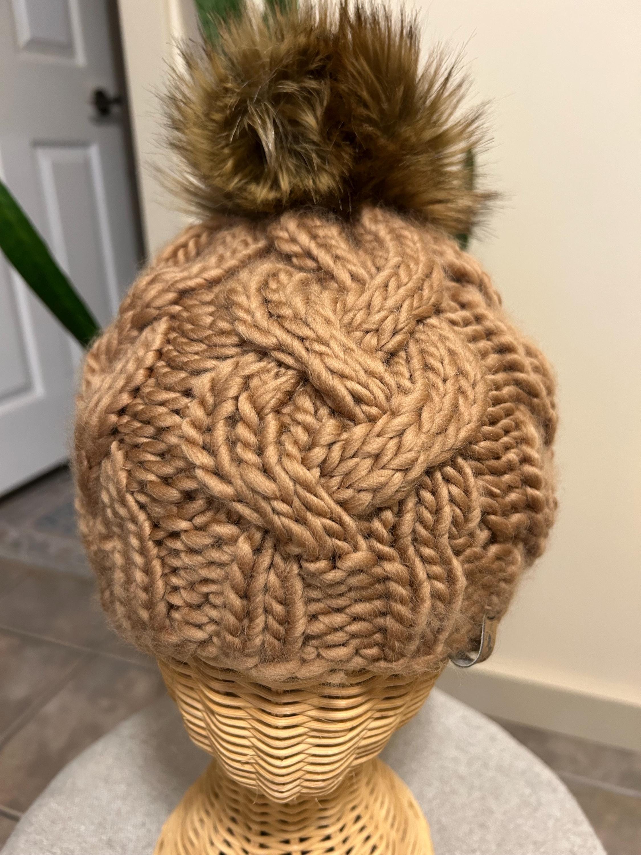 Handmade Merino Wool Knit Beanie: caramel brown cable knit with Faux Fur Pompom