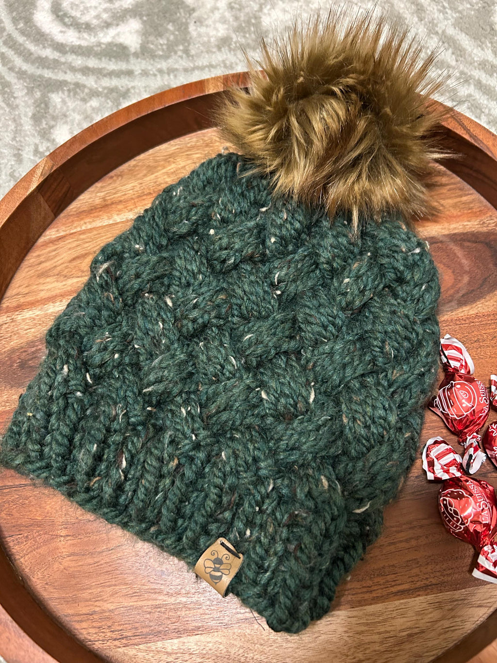 Handmade Merino Wool Knit Beanie: Green cable with Faux Fur Pompom