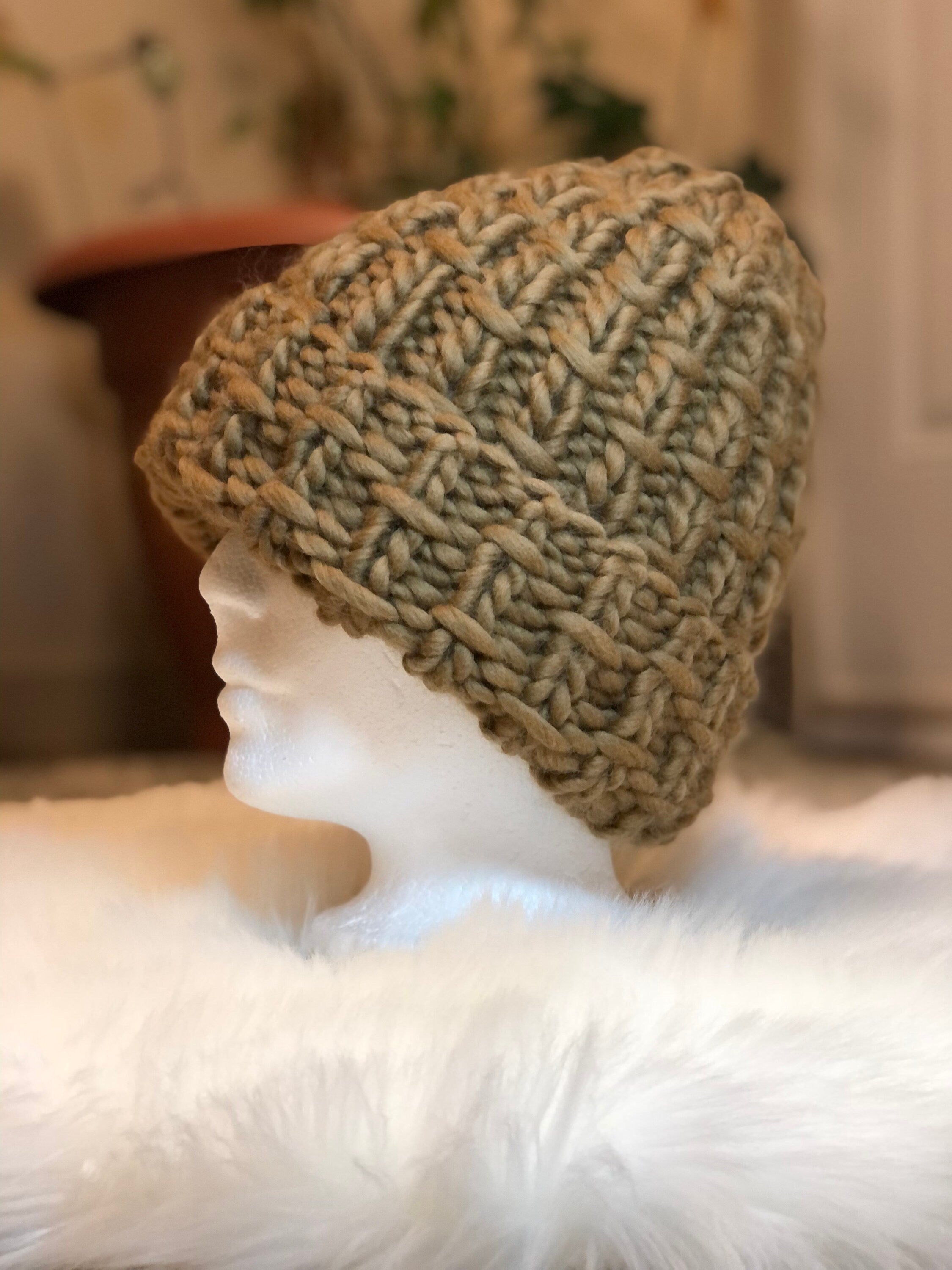 Hand Knit Merino Wool bulky knit Beanie, Brown Sugar Chunky Hat toque