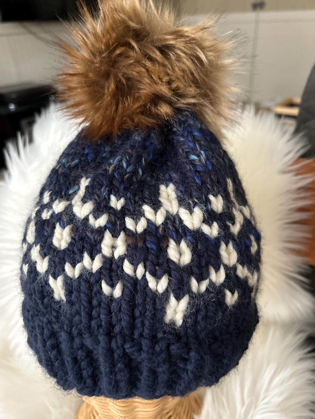 Handmade Knit Winter Toque, Blue White Pattern, Faux Fur Pompom