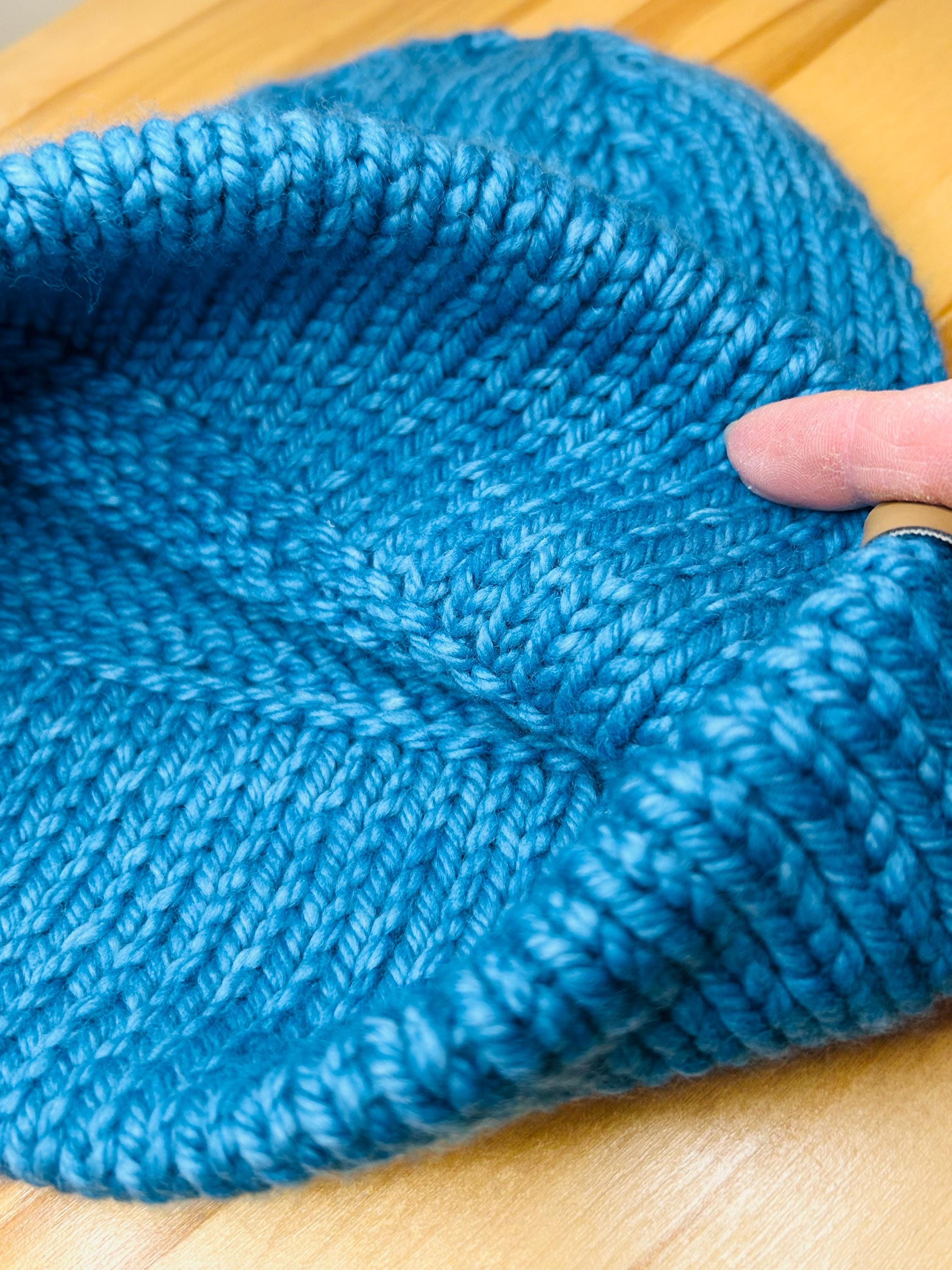Hand Knit Teal Blue Merino Wool Beanie: Double Brim, High Top