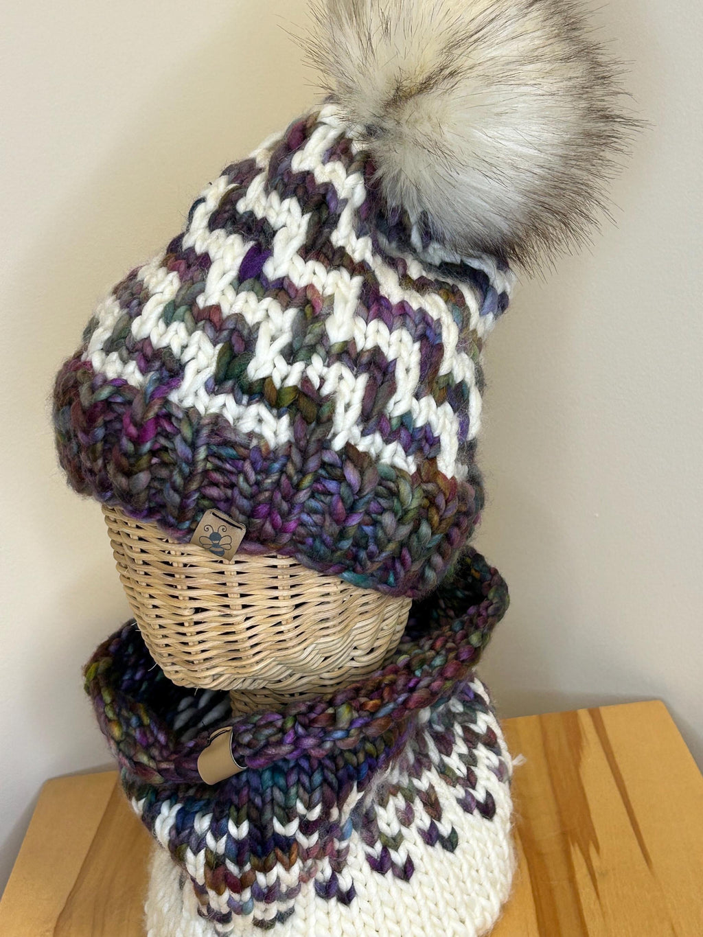 Hand Knit Merino Wool Beanie and cowl set: Removable Faux Fur Pompom