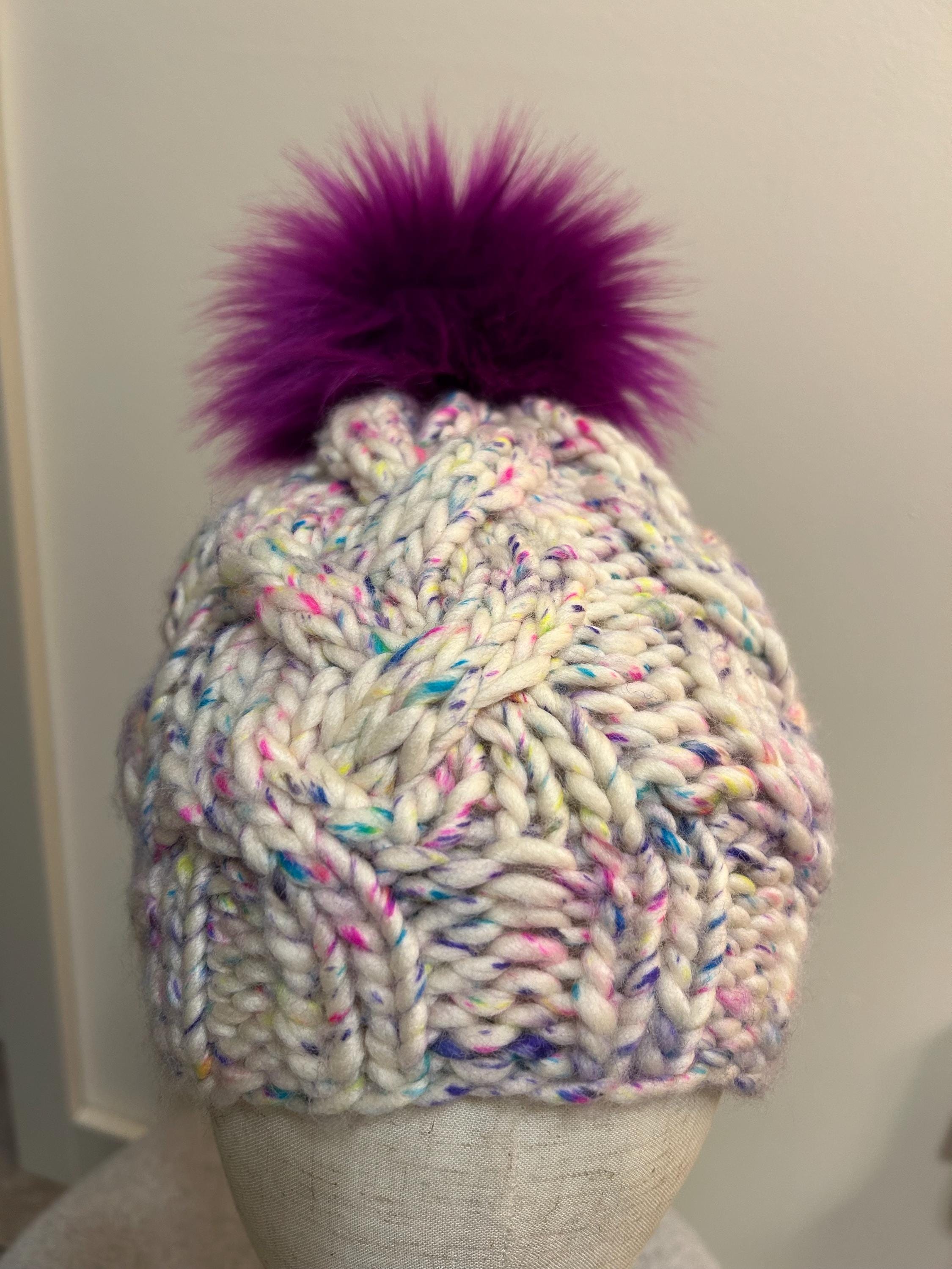 Handmade Merino Wool Knit Beanie: white blue cable with Faux Fur Pompom, purple pompom