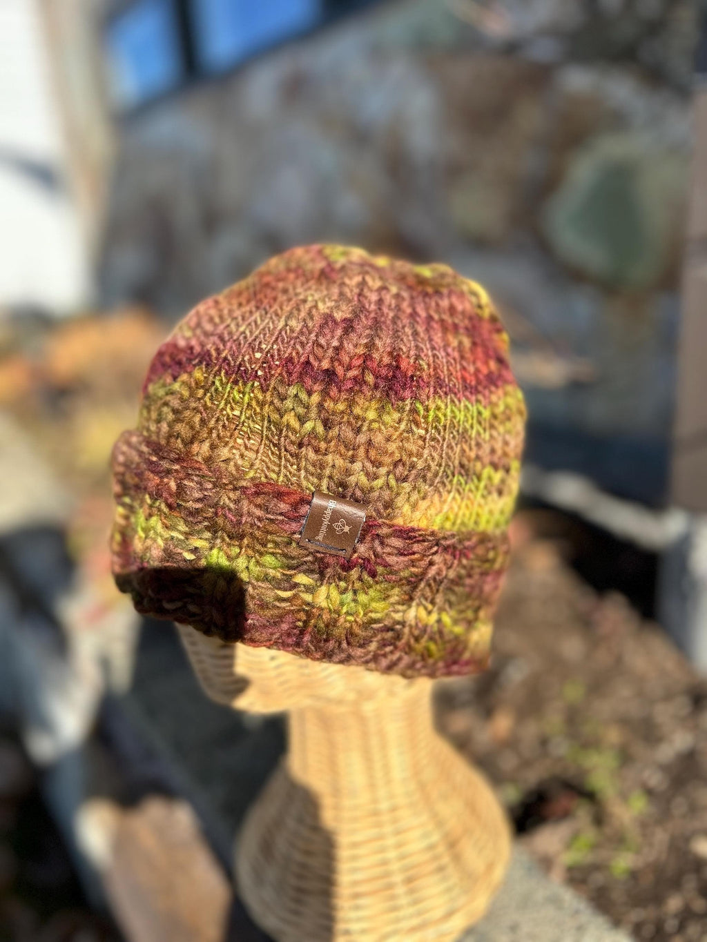 Hand Knit Merino Wool Beanie: Unisex Brown & Green Winter Hat