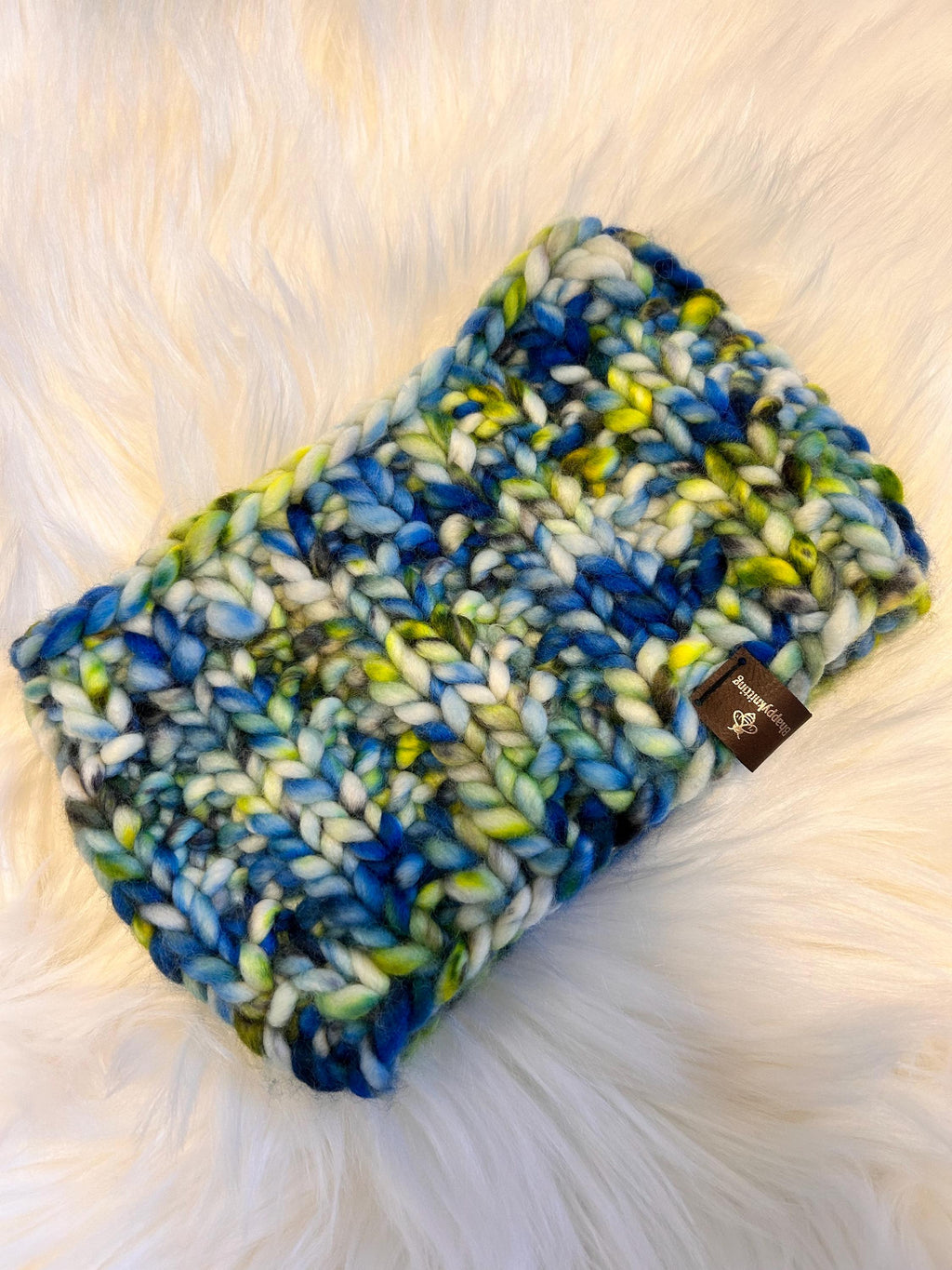 Adult size headband, Handknit, blue white multi colour, Winterwear, messy bun, wool, winter accessory
