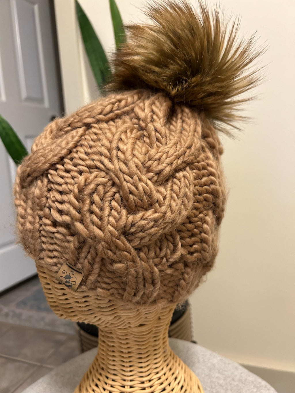 Handmade Merino Wool Knit Beanie: caramel brown cable knit with Faux Fur Pompom
