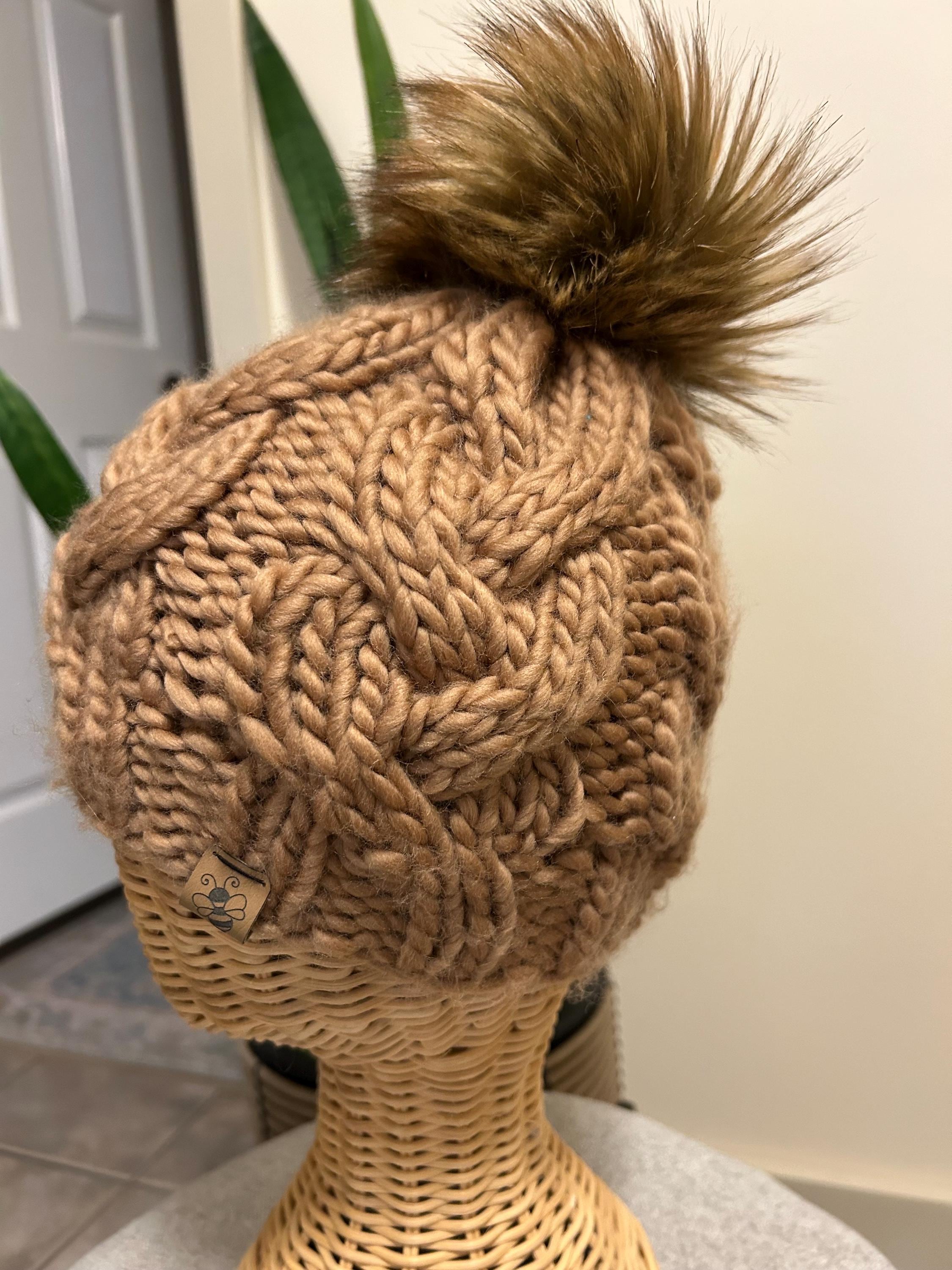 Handmade Merino Wool Knit Beanie: caramel brown cable knit with Faux Fur Pompom