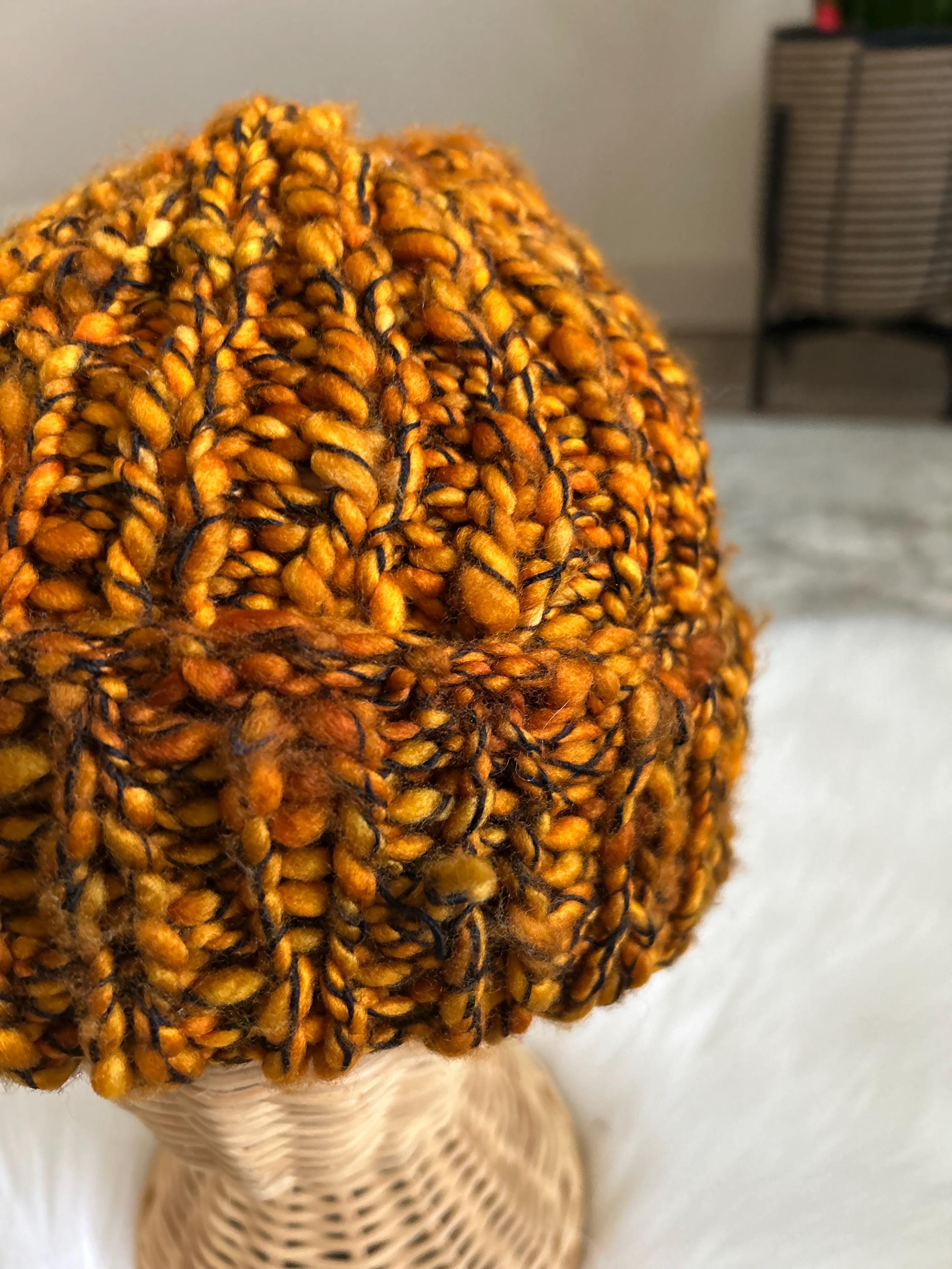 Handknit Chunky Wool Beanie: Orange Brim bulky Toque