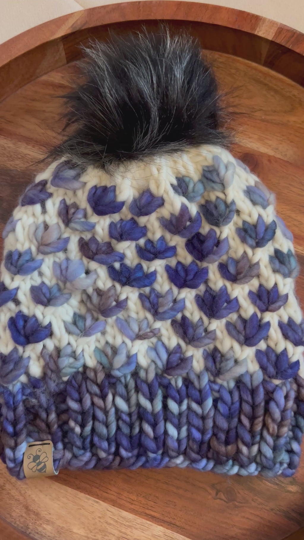 Hand Knit Chunky Tulip Stitch Toque – Cream and blue with Faux Fur Pom Pom