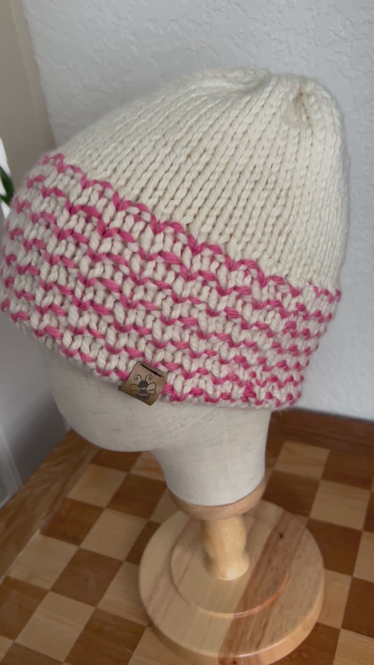 Hand Knit cream and pink Merino Wool Beanie: Double Brim toque